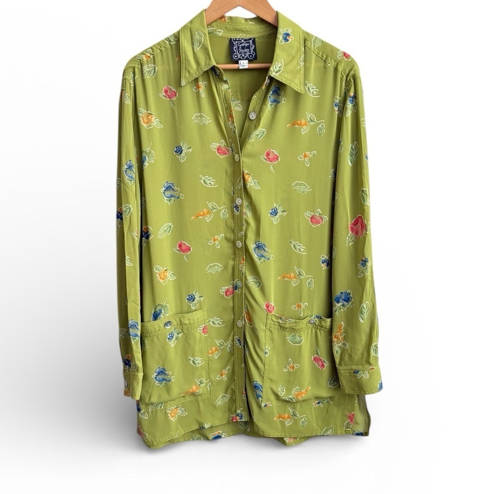 Cynthia Rowley Green Floral Button Front Tunic Shirt Made in USA Size L